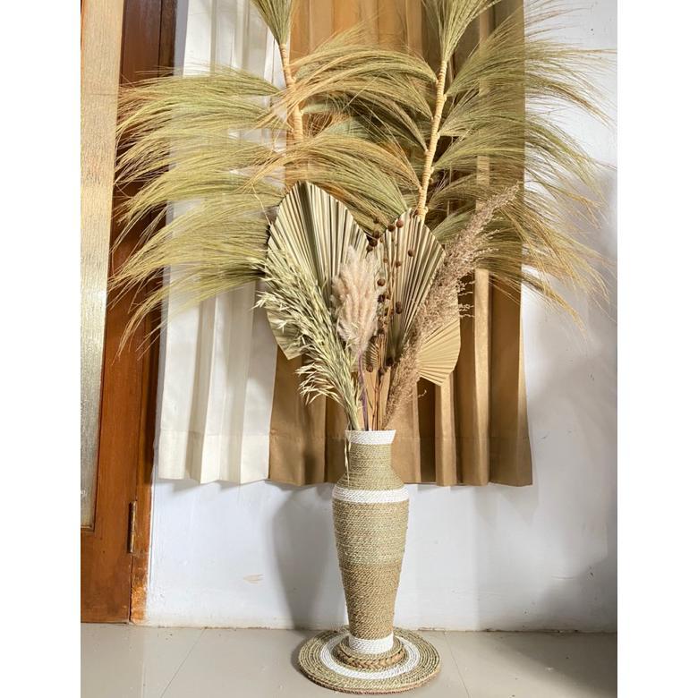 Paket Jumbo Bunga Kering dan Pot Guci Tinggi 50cm | Daun Palem Kering | Dekorasi Rustic | Dekorasi R