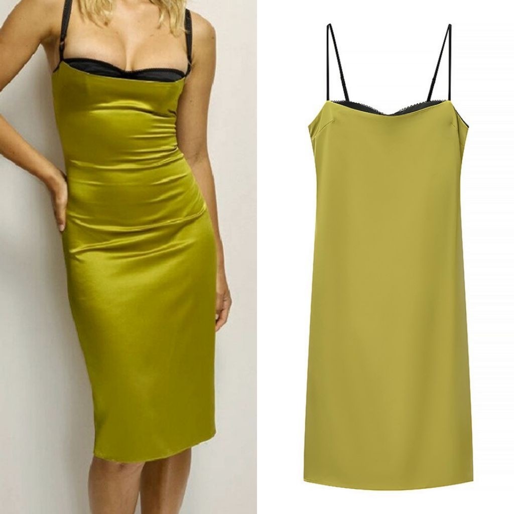 Olive Green Soft Silky Satin Midi Dress with Cup Bra 81001 (TENYR)