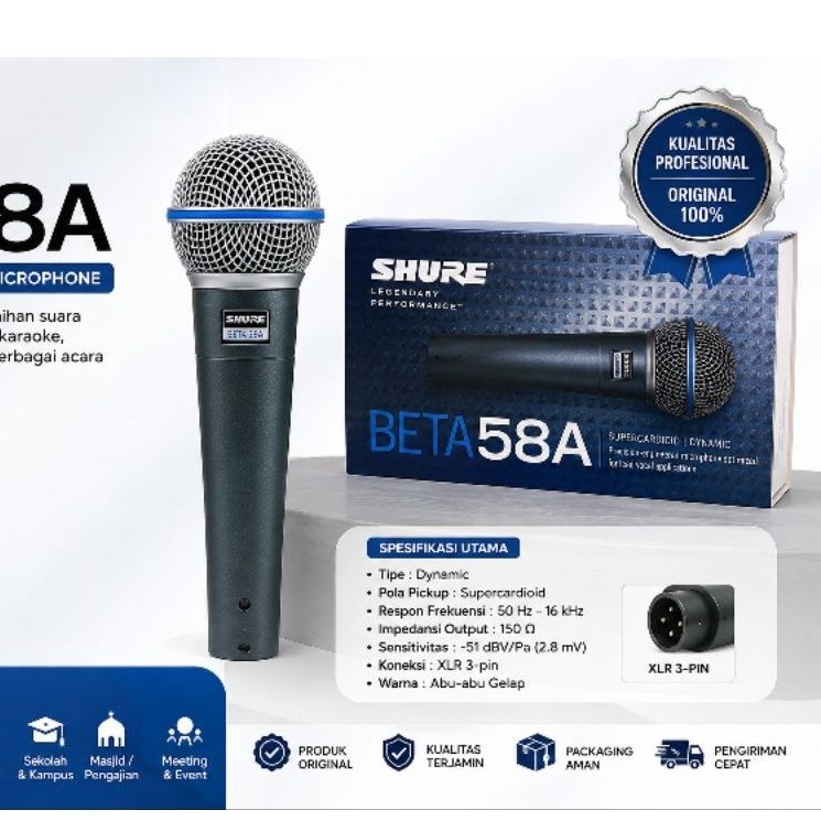 Mic Shure Beta 58A - Suara Bass Jernih, Switch On/Off