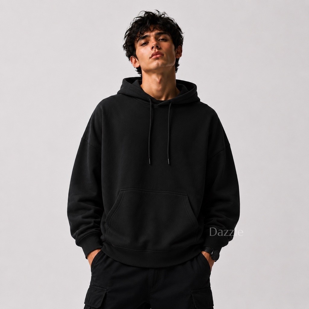 DAZZLE | HOODIE POLOS HITAM UNISEX PRIA WANITA COTTON FLEECE 300gsm.