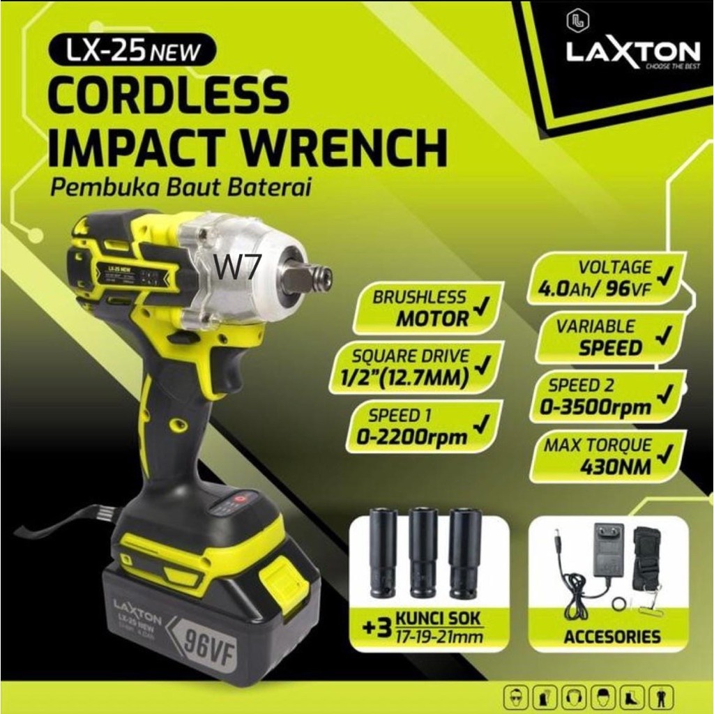 Pembuka Baut Baterai Brushless Impact Wrench Laxton LX-25 - 1 Baterai+Kunci Sok