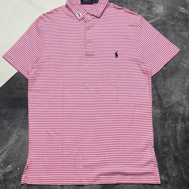 Kaos Polo Pria Ralph Lauren Lengan Pendek Motif Garis Pink Putih Casual
