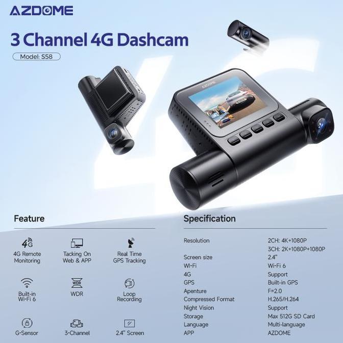 Azdome S58 3 Camera 4G Dashcam 3 Kamera Dash Cam GPS Tracker