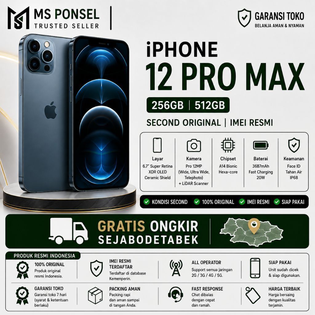 IPHONE 12 Pro Max 512GB 256GB 128GB Second Original Resmi Fullset