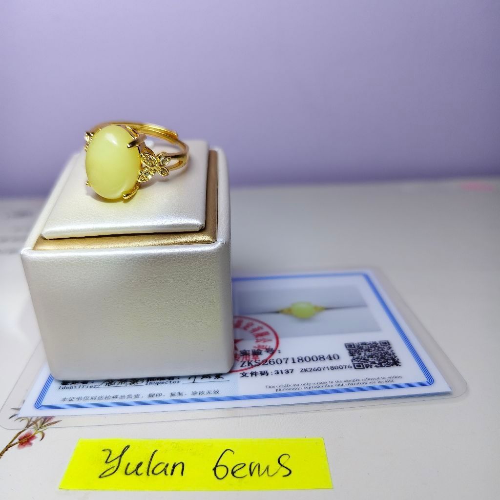 Hetian Cincin giok hetian kuning soft asli alami sertifikat.