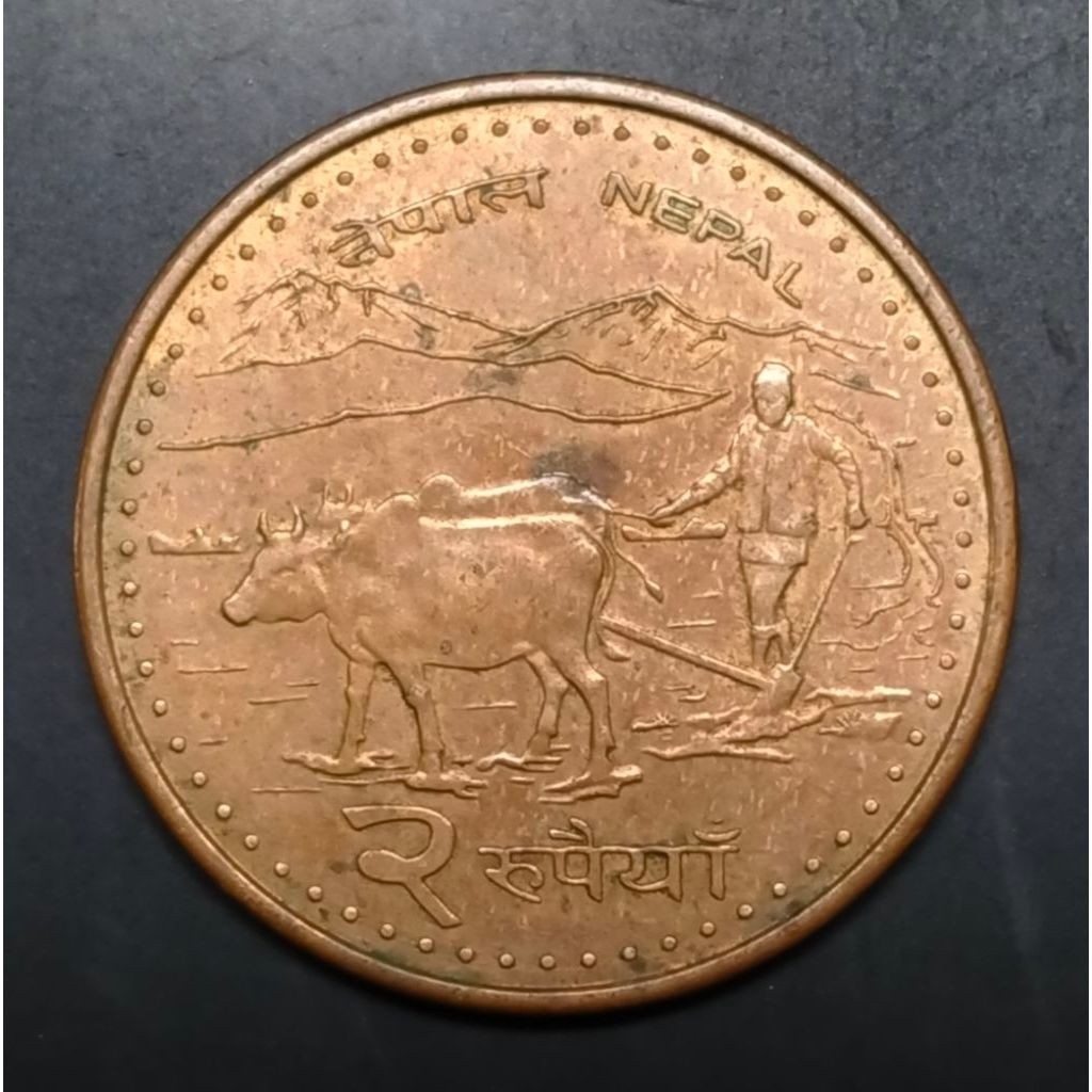 Koin Kuno Nepal 2 Rupee Sapi petani Pembajak sawah