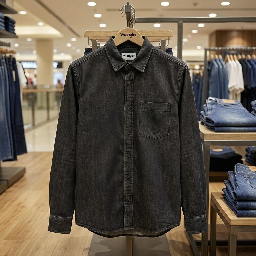 Diskon Wrangler Kemeja Denim Pria Lengan Panjang Black Wash Original - Kemeja Jeans Hitam Cowok West