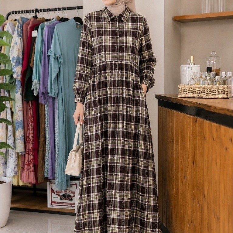 (SALE) Gamis Katun Wrinkle Motif Kotak Premium Model Kemeja Longgar