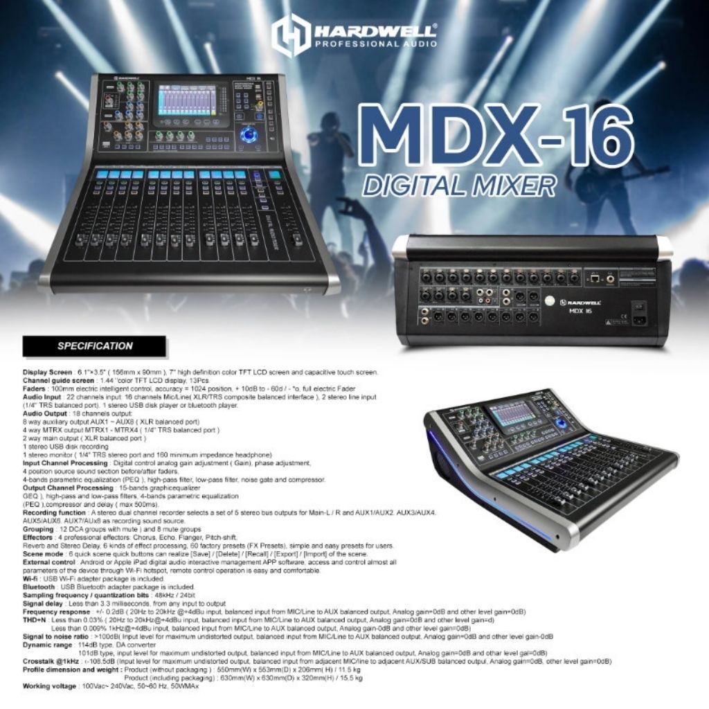 Hardwell MDX-16 Digital Mixer Profesional Layar LCD 7.0 Inch Kontrol Touch Screen Audio Profesional