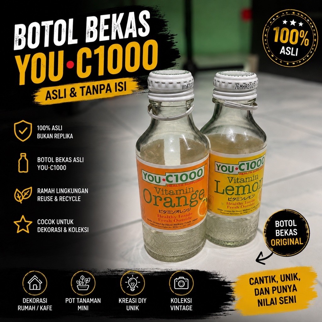 Botol Bekas YOU C1000 Asli Kosong | Botol Kaca Bekas C1000 untuk Dekorasi DIY Koleksi