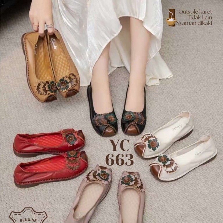 TERMURAH Sepatu Clarks YC-663 Leather Flower Flat  / Fashion Flatshoes women / Leather flats / Depat