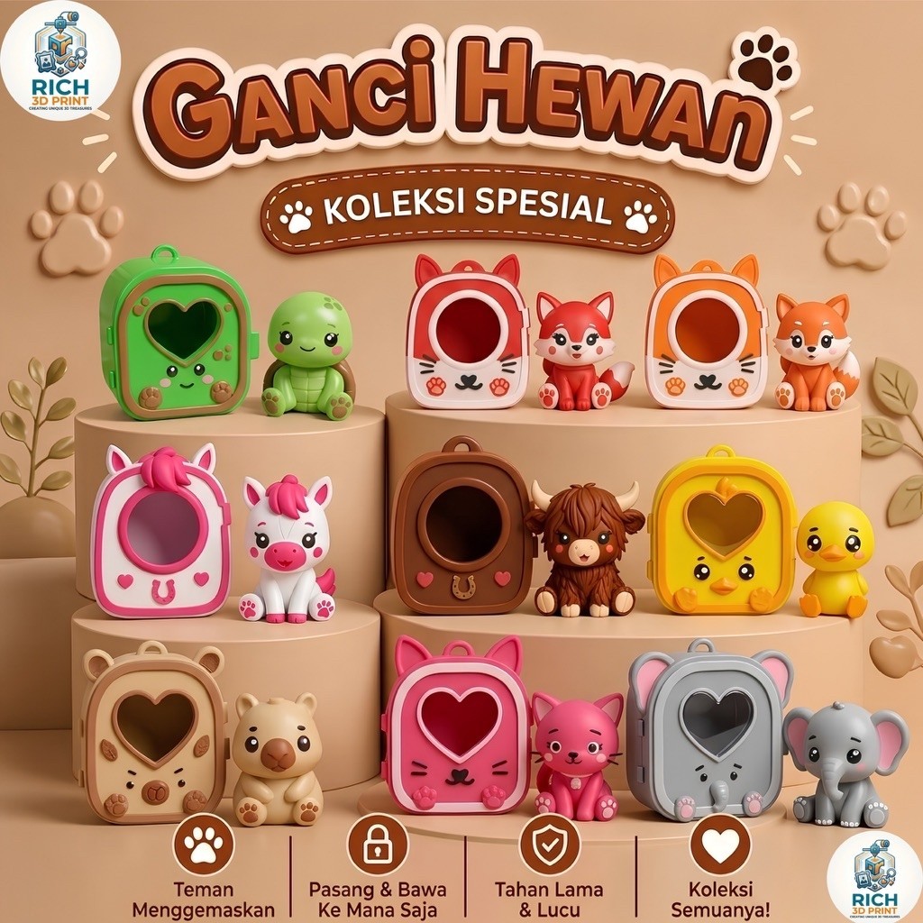 RICH 3D PRINT Gantungan Kunci Ganci Keychain Tas Hewan Animal Hadiah Anak Miniatur Gantungan Tas Rub