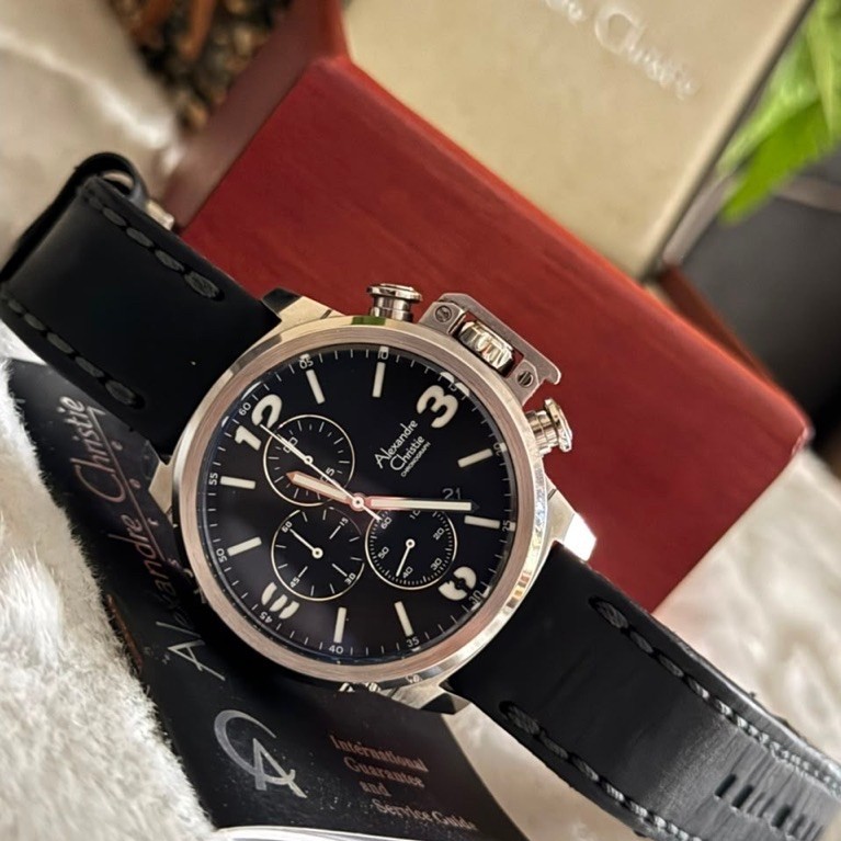 Dijual jam Tangan Mewah Alexandre Christie, AC 6280 MC Silver Hitam kulit