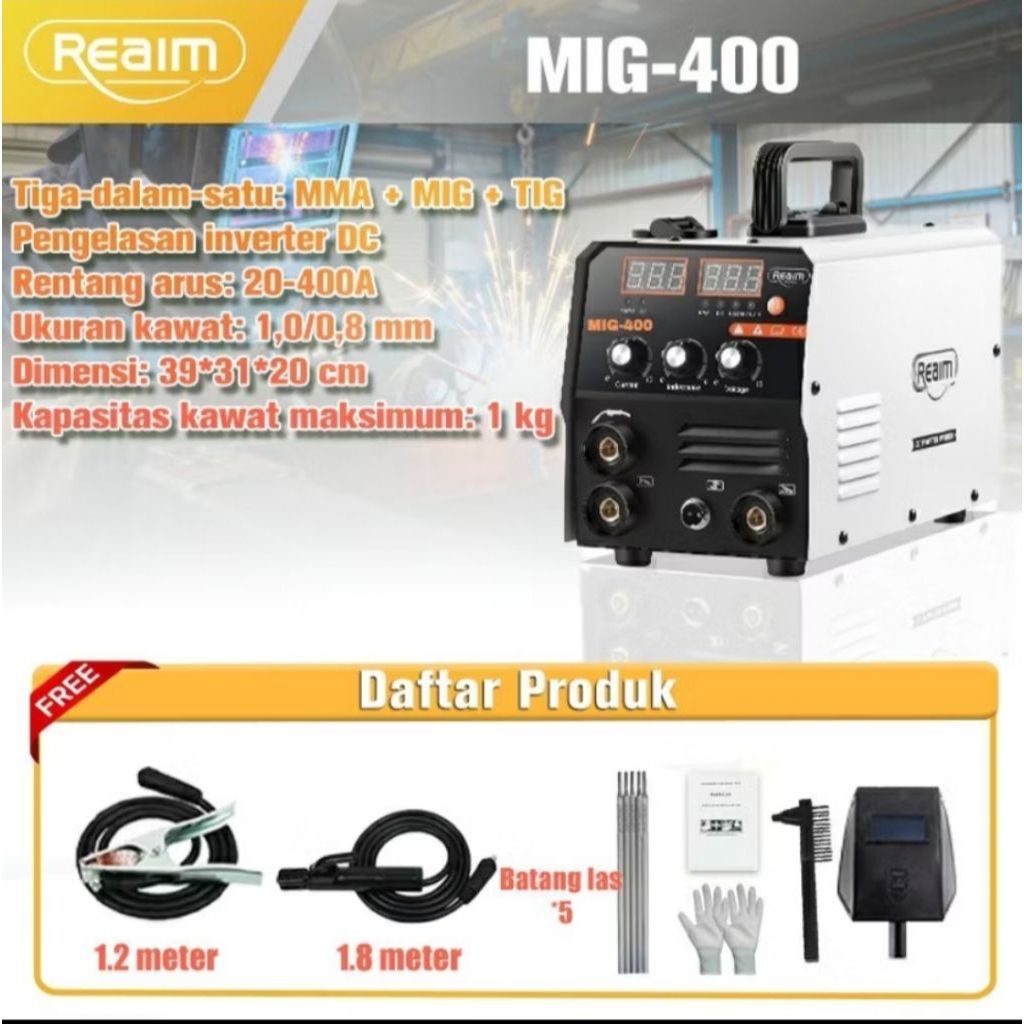 REAIM Mesin Las MIG-400 3 in 1 MIG TIG MMA Inverter + Stang Las TIG + Kawat Las Paket Kombo