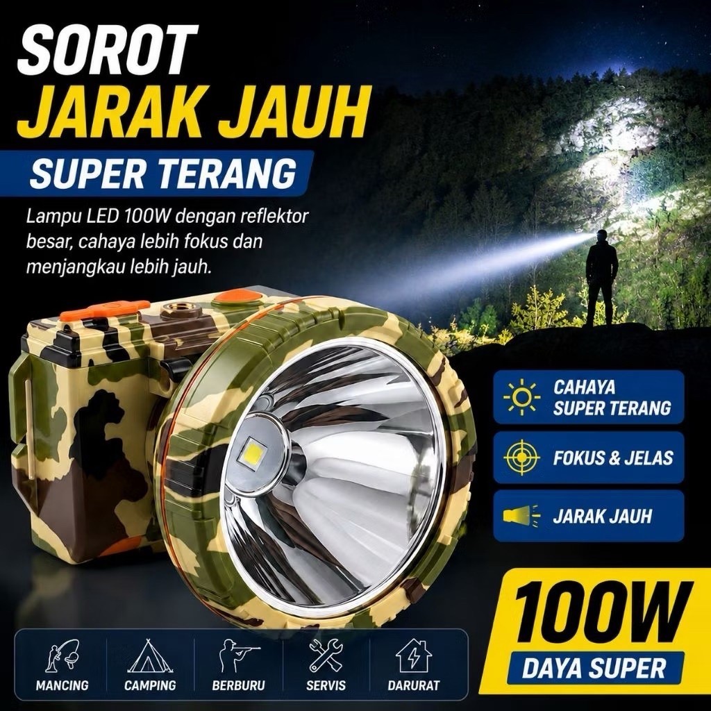 Senter Kepala KISEKI CK-SK188 100W Rechargeable Headlamp LED Super Terang Jarak Jauh Bonus Lampu Aki