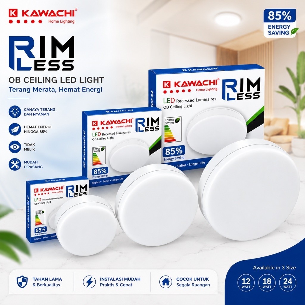 Lampu Panel Kawachi Rimless OB Downlight LED 18W / 24W / 36W Watt OutBow Bulat Putih / Kuning
