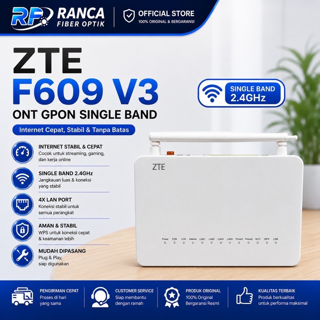 ONT ZTE F609 V3 GPON SUPORT OMCI ANTENA 5DB DENGAN ADAPTOR