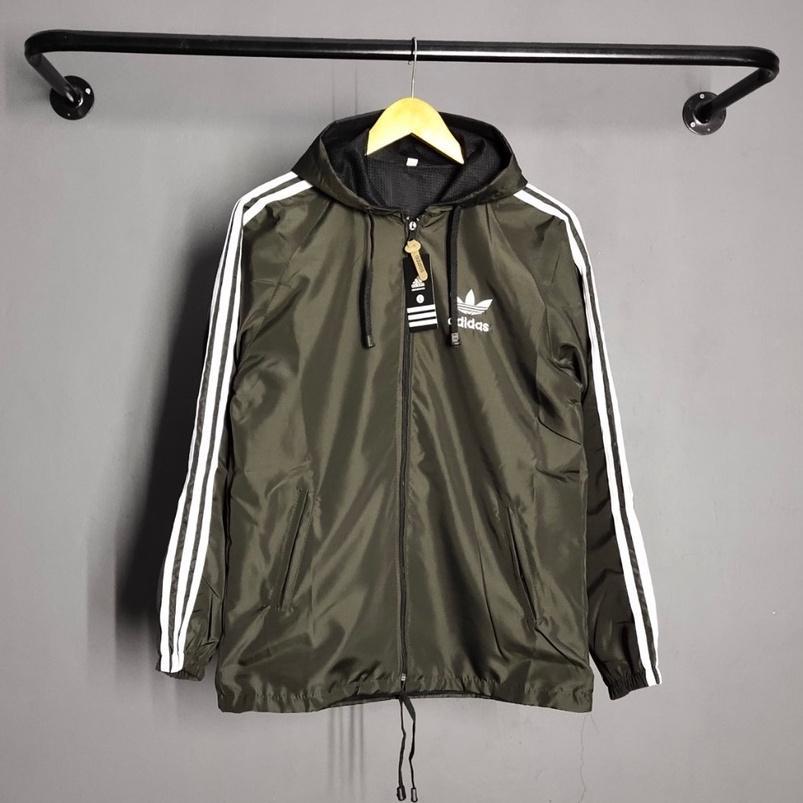 Big Promo Jaket Pria Parasut Adidas Windbteaker Hitam List Putih Xl Xxl - Jaket Parsut Jumbo - Jaket