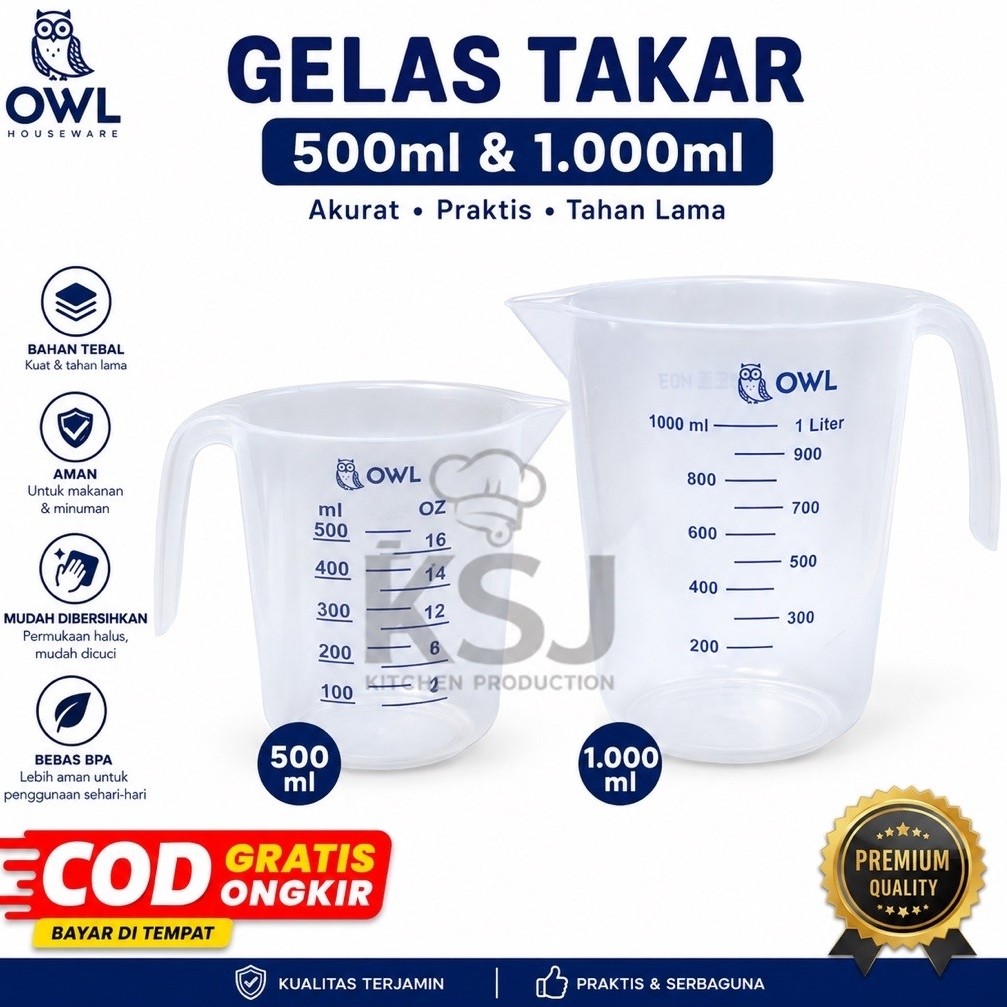 Gelas Takar Plastik OWL 500 ml 1000 ml 1 Liter Murah Alat Takaran Serbaguna Air Susu Minyak Measurin