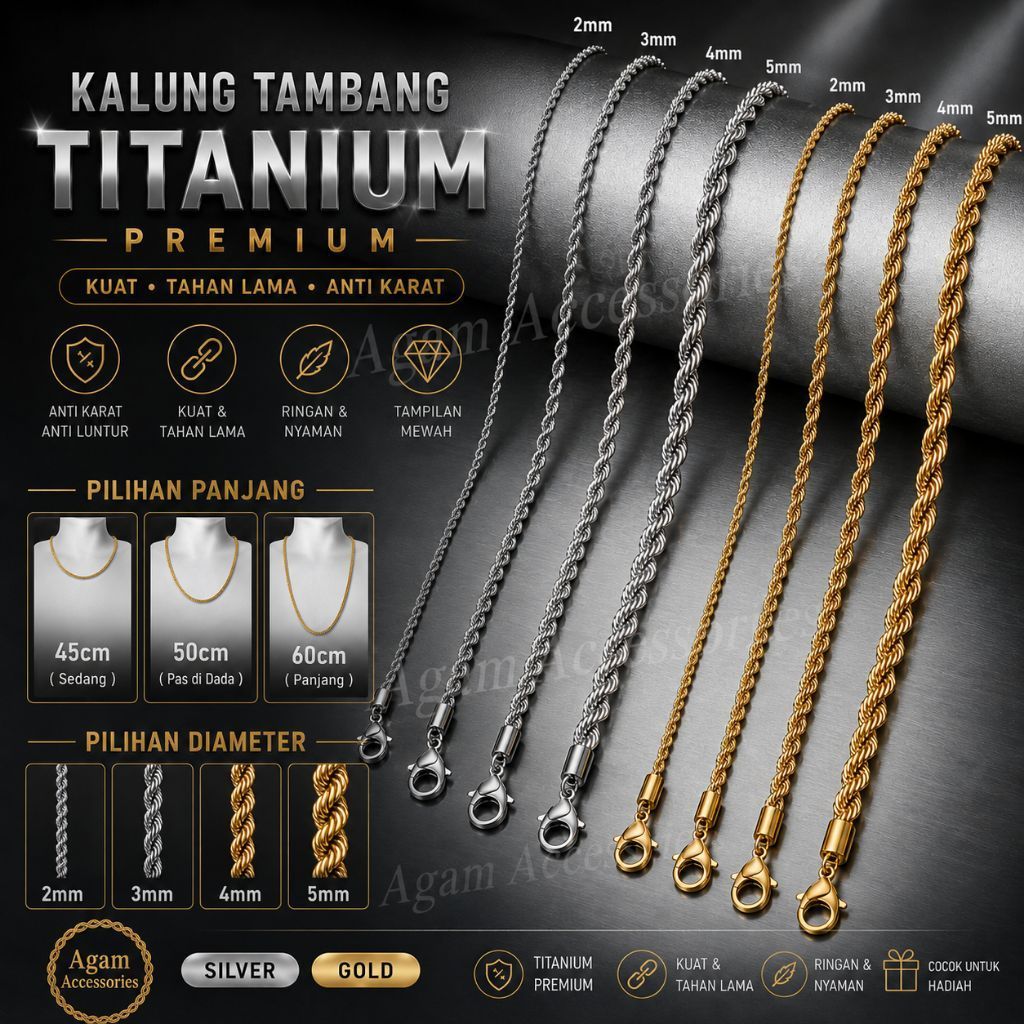 Kalung Titanium Model Tambang//Kalung Titanium Pria dan Wanita//Anti Karat ( Kalung Tambang)