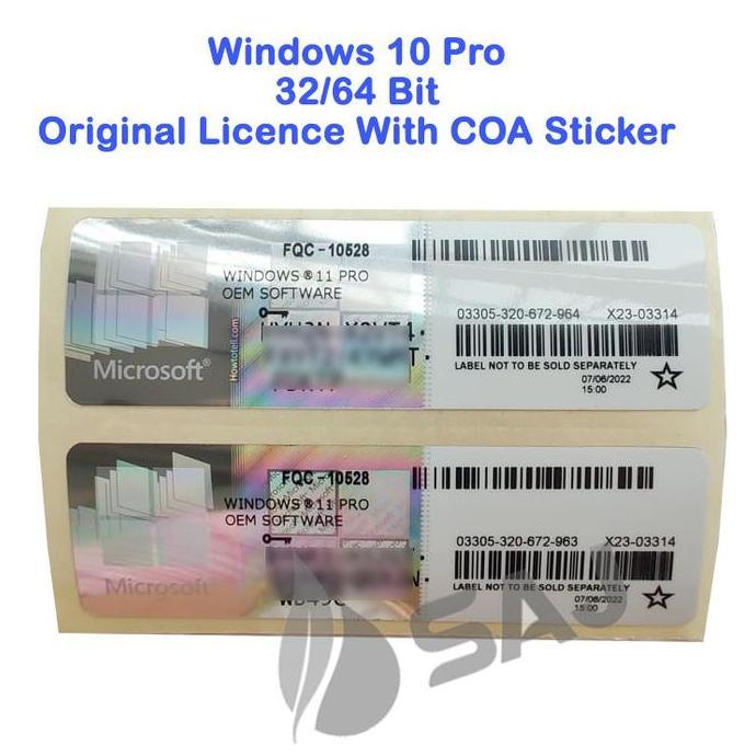 Windows 10 Pro 32/64 Bit {plus DVD} - Digital Licence With Stiker Key (COA Original)