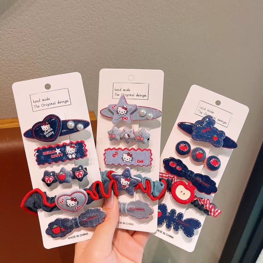Jepit Rambut Y2K Denim Hello Kitty / Bundle Set Scrunchie + Hair Clip Navy Aesthetic
