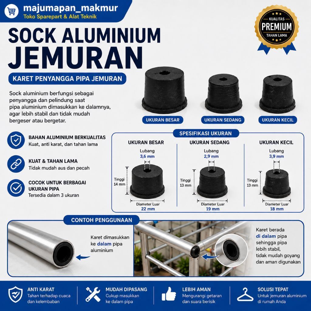 SOCK ALUMINIUM JEMURAN – KARET PENYANGGA PIPA Jumbo, Sedang, Kecil

