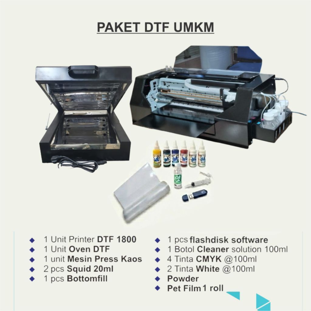 Paket Usaha Sablon DTF A3 Roll | Printer Dekstop DTF Tinta CMYK-WW | Oven | Usaha UMKM