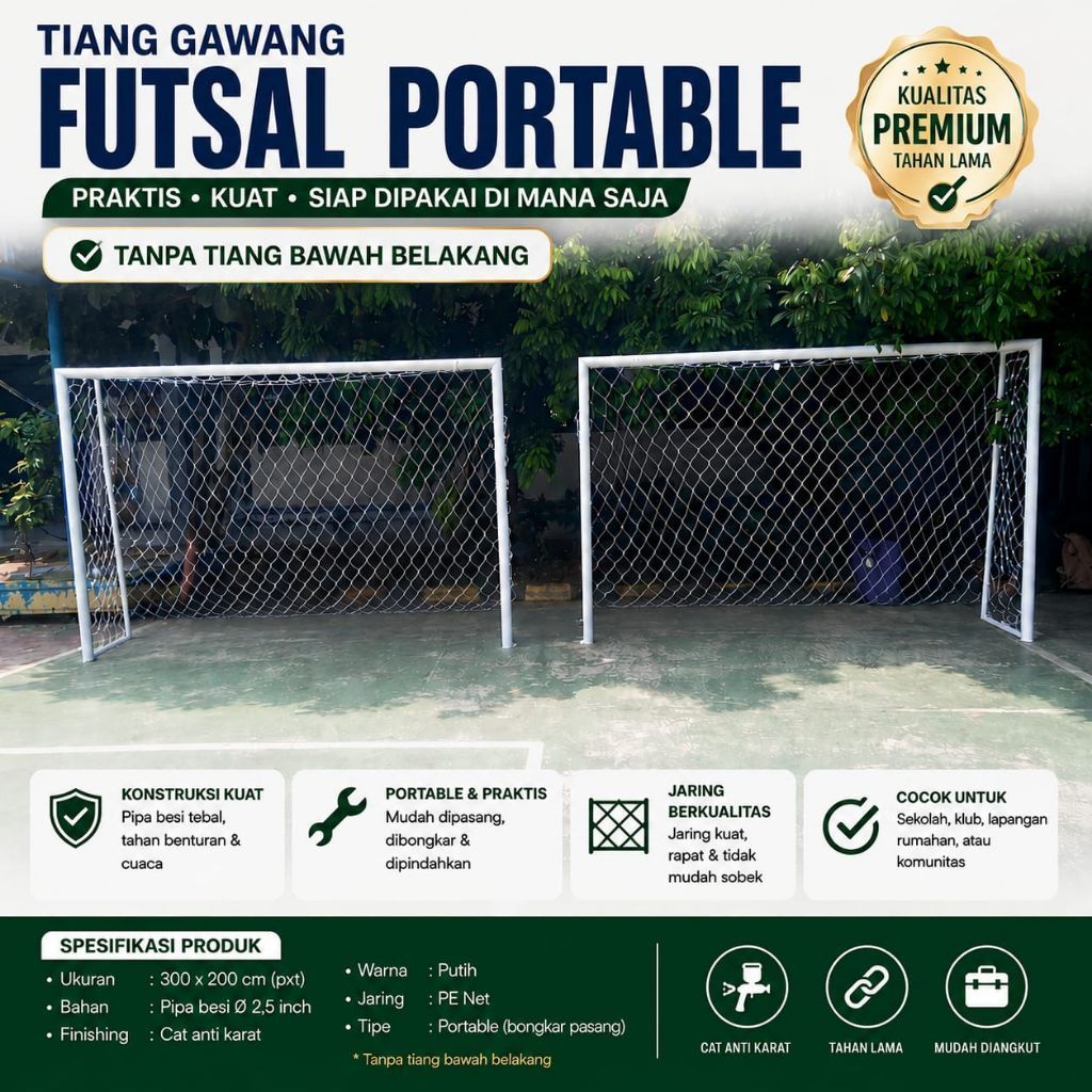 Tiang Gawang Futsal Portable 2x3 Meter Besi - Mudah Bongkar Pasang