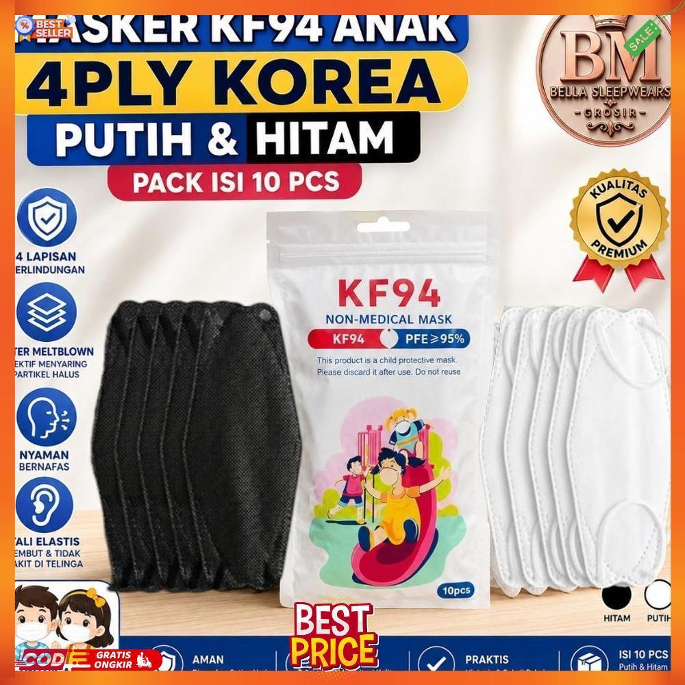 BELLA | MASKER KF94 ANAK KIDS ITC KOREA FILTCARE ANAK POLOS PUTIH HITAM ISI 10 PCS - MASKER KF94 ANA
