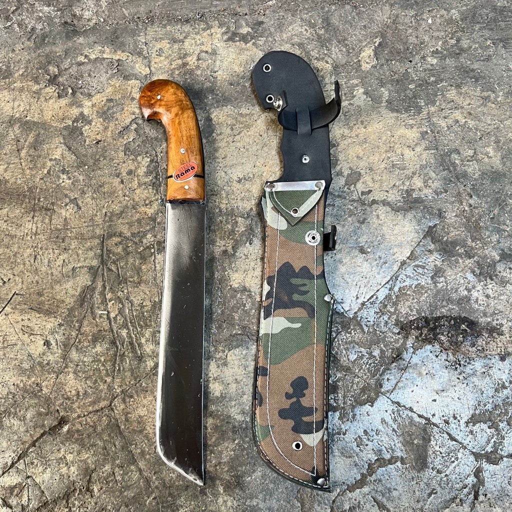 Golok Kebun BAJA Gagang Kayu Jati. Sarung Golok Bolo Tramontina motif loreng