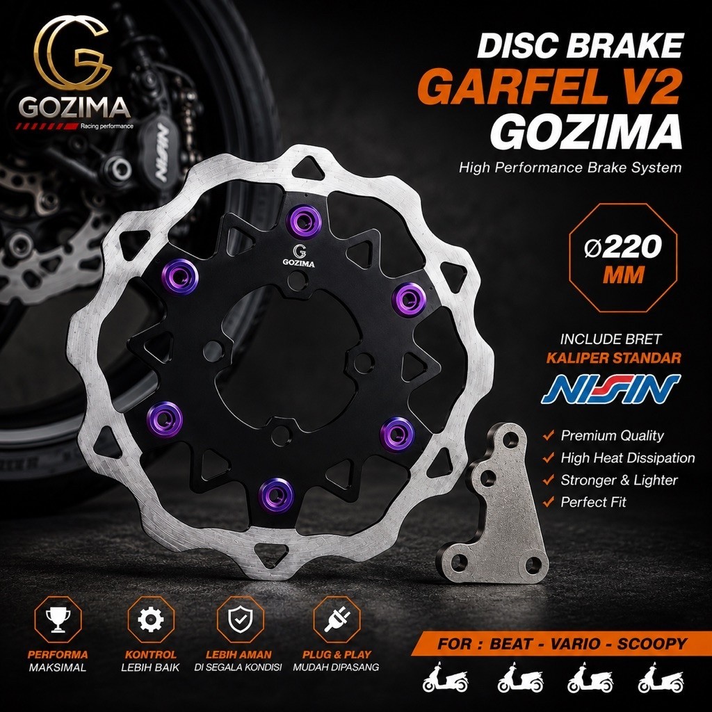 Disc Brake Cakram Beat Galfer V2 Gozima 220mm Plus Breket Kaliper Nissin Beat Vario Scoopy