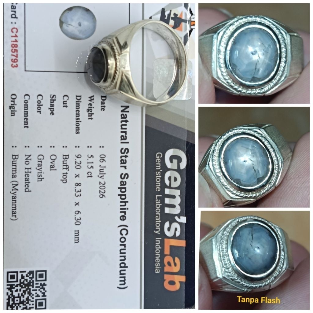 Natural Blue Star sapphire  5 ct Memo GLI Ring Perak