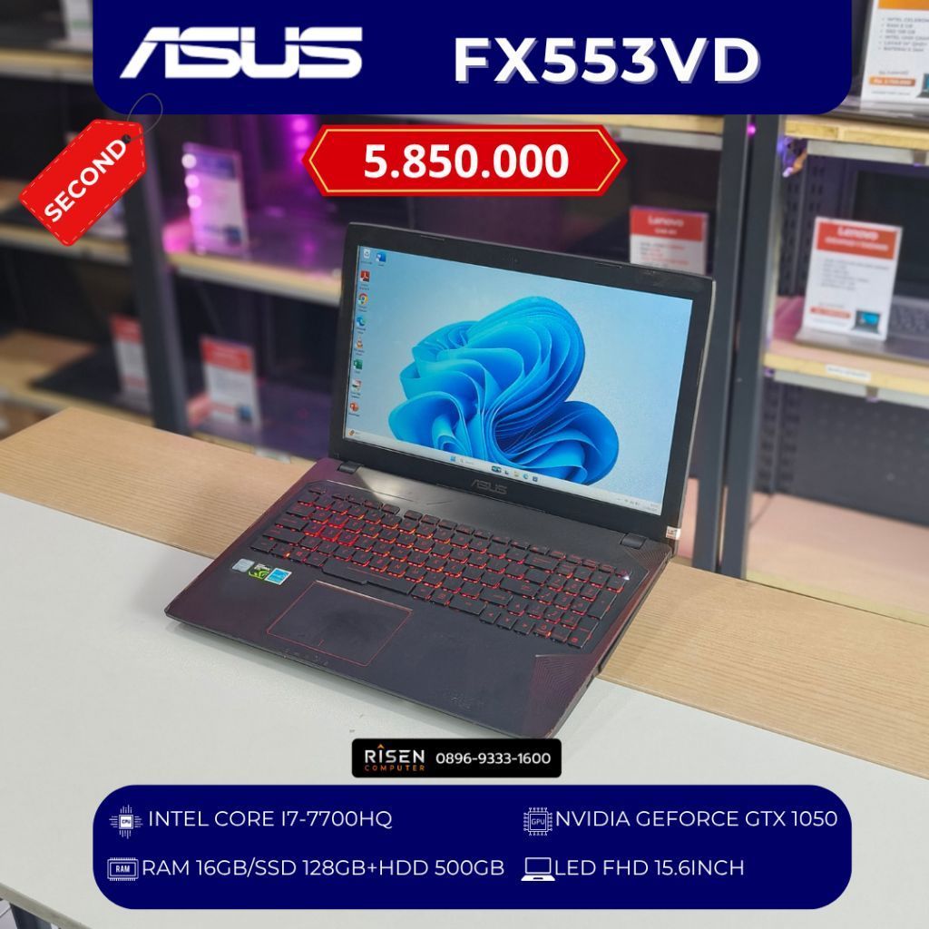 ASUS FX553VD Intel Core I7-7700HQ RAM 16GB SSD 128GB + HDD 500GB FHD 15.6Inch Notebook Second Bekas 