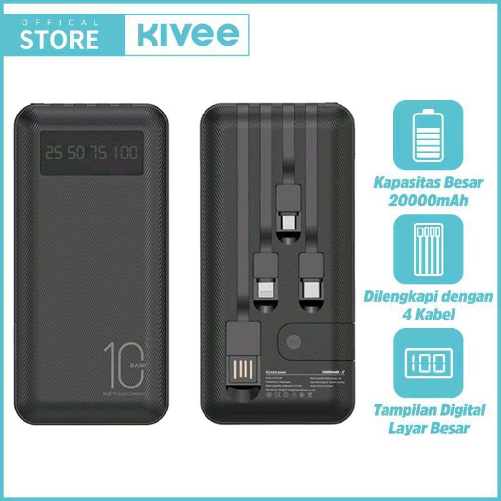 KIVEE Powerbank PT113P 10000mAh Fast Charging Mini LCD dengan 4 Kabel Data Kompatibel PD QC AFC FCP 