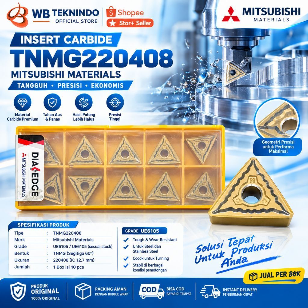 TNMG220408 Insert Carbide Mitsubishi UE6105 Pahat Bubut CNC Original