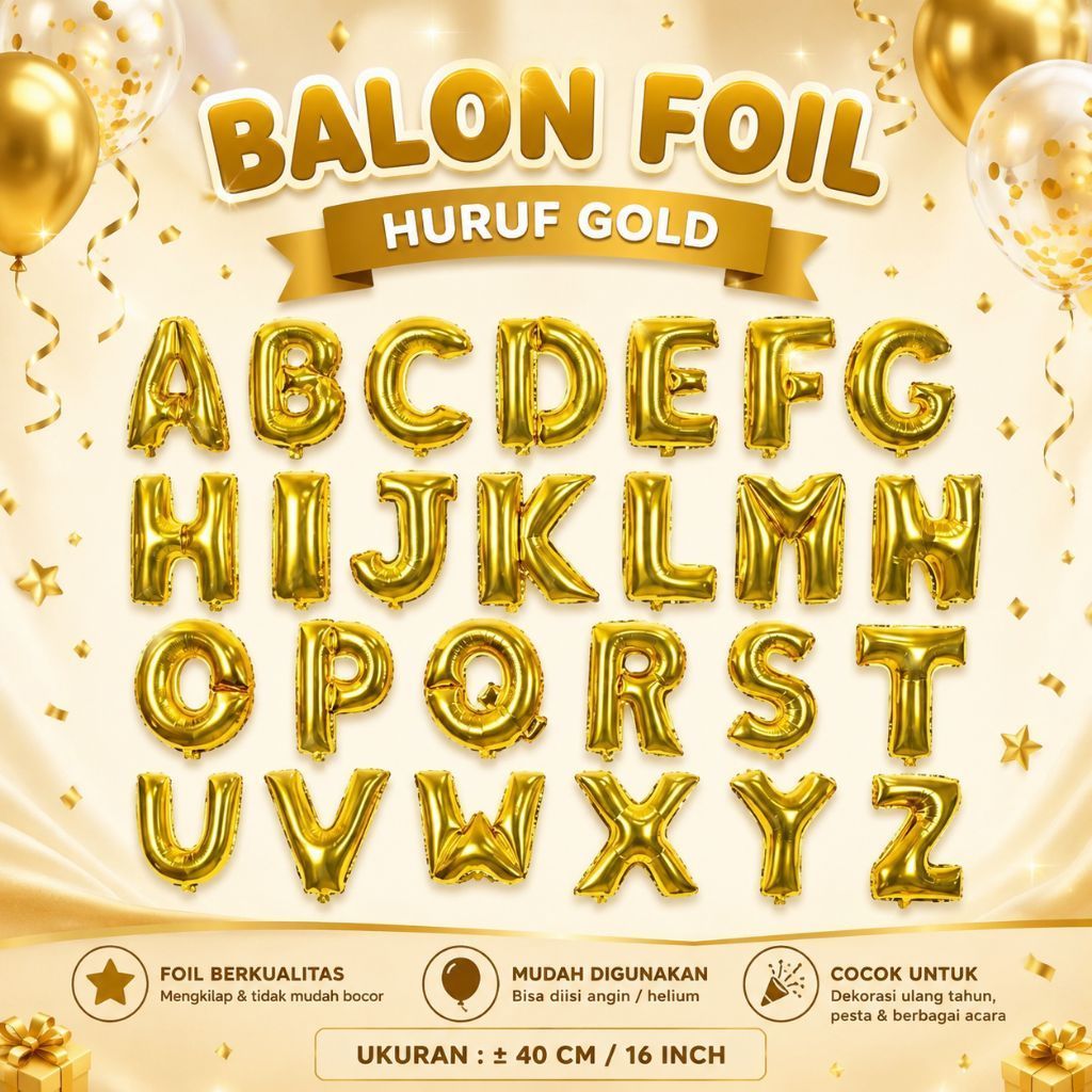 Balon Foil Huruf Gold, balon foil huruf, balon foil, balon huruf, balon pesta