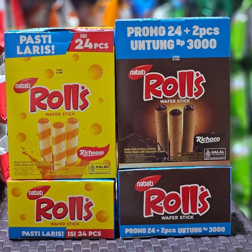 Nabati roll's wafer stik richese & richoco box 132gr (5,5gr x 24 pcs) Ecer per box