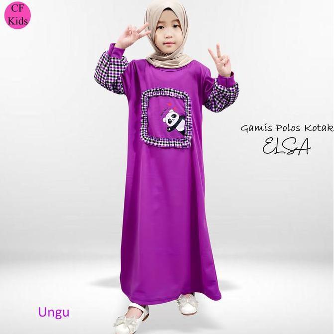 CF Kids Gamis Anak Polos Panda Ruffle Frame Elsa Dress Muslim Anak Lengan Kotak-Kotak