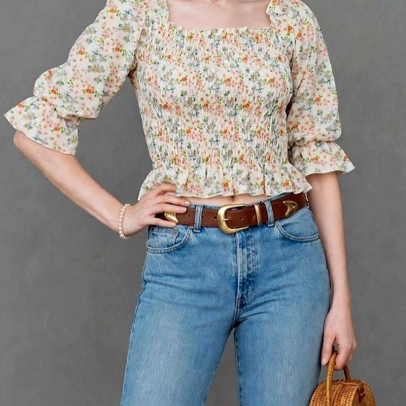 Blouse Crop Top Smocked Floral Peach Cream Puff | PREl0v. PL 009