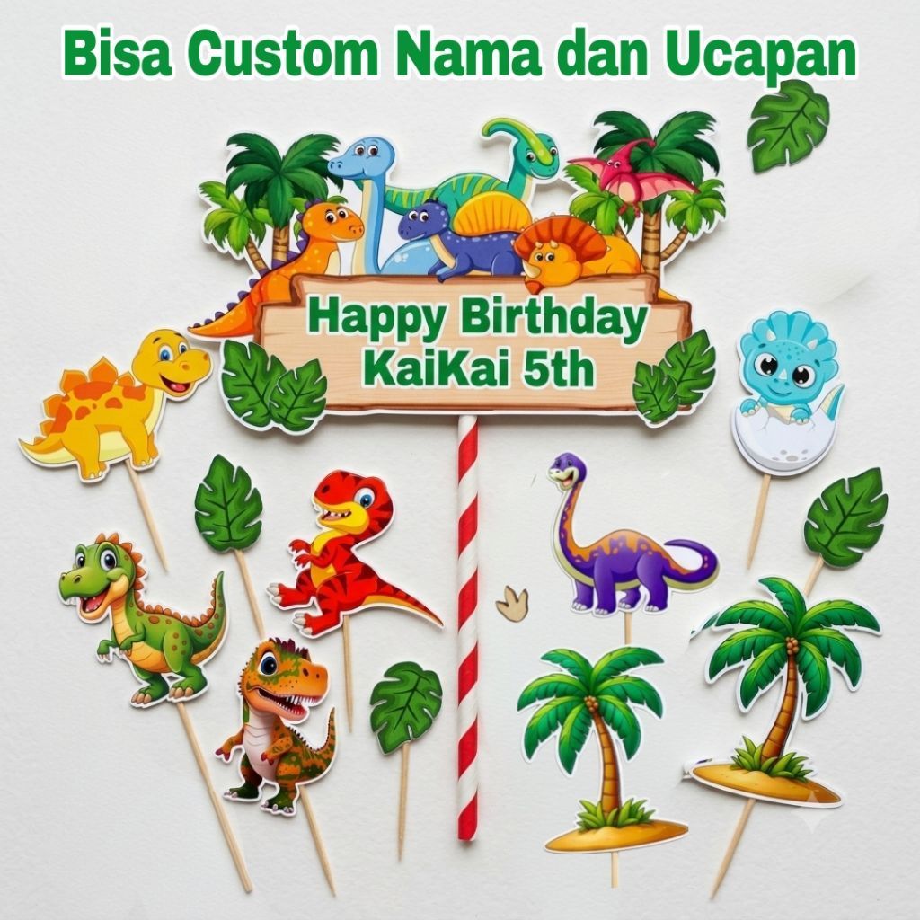 Topper Kue Dinosaurus Custom Nama / Hiasan Cake Dino Happy Birthday
