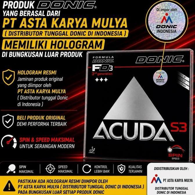 Donic Acuda S3 Karet Bet Pingpong Sponge Soft Control 7+ Speed 9 Spin 10+ Warna Merah Hitam Made in 