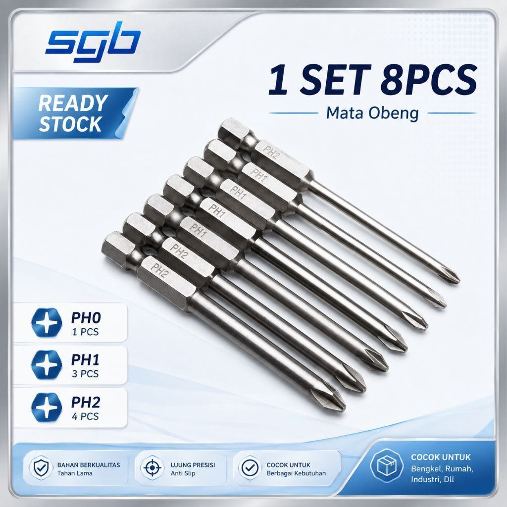 SGB Mata bor Obeng plus Magnet Magnetic 75mm 8pcs PH1 PH2 Anti Slip