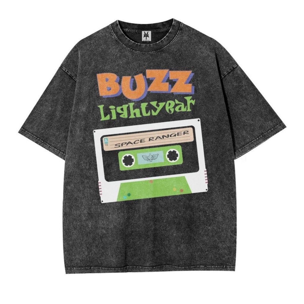 Pattern Merch Kaos Oversize Stone Black Washed Toy Story Buzz Lightyear Art Vintage Unisex Graphic T