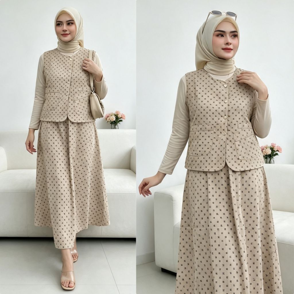 Setelan One Set Rok Vest Wanita Bahan Corduroy Rompi Full Kancing Aktif Terbaru / Stelan Jeans Kekin
