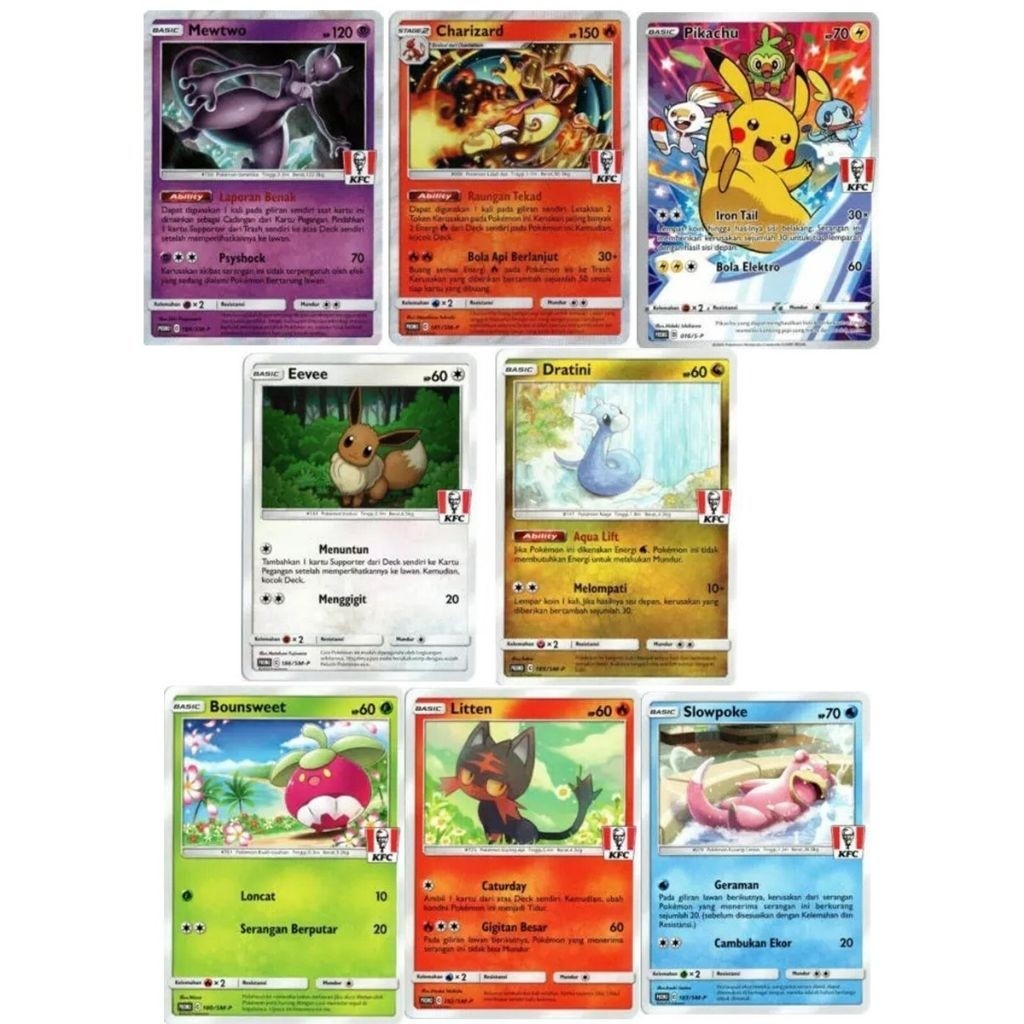 Full set POKEMON Promo Card KFC Indonesia 8pcs Pikachu Mewtwo Charizard Slowpoke Eeve Litten Bounswe