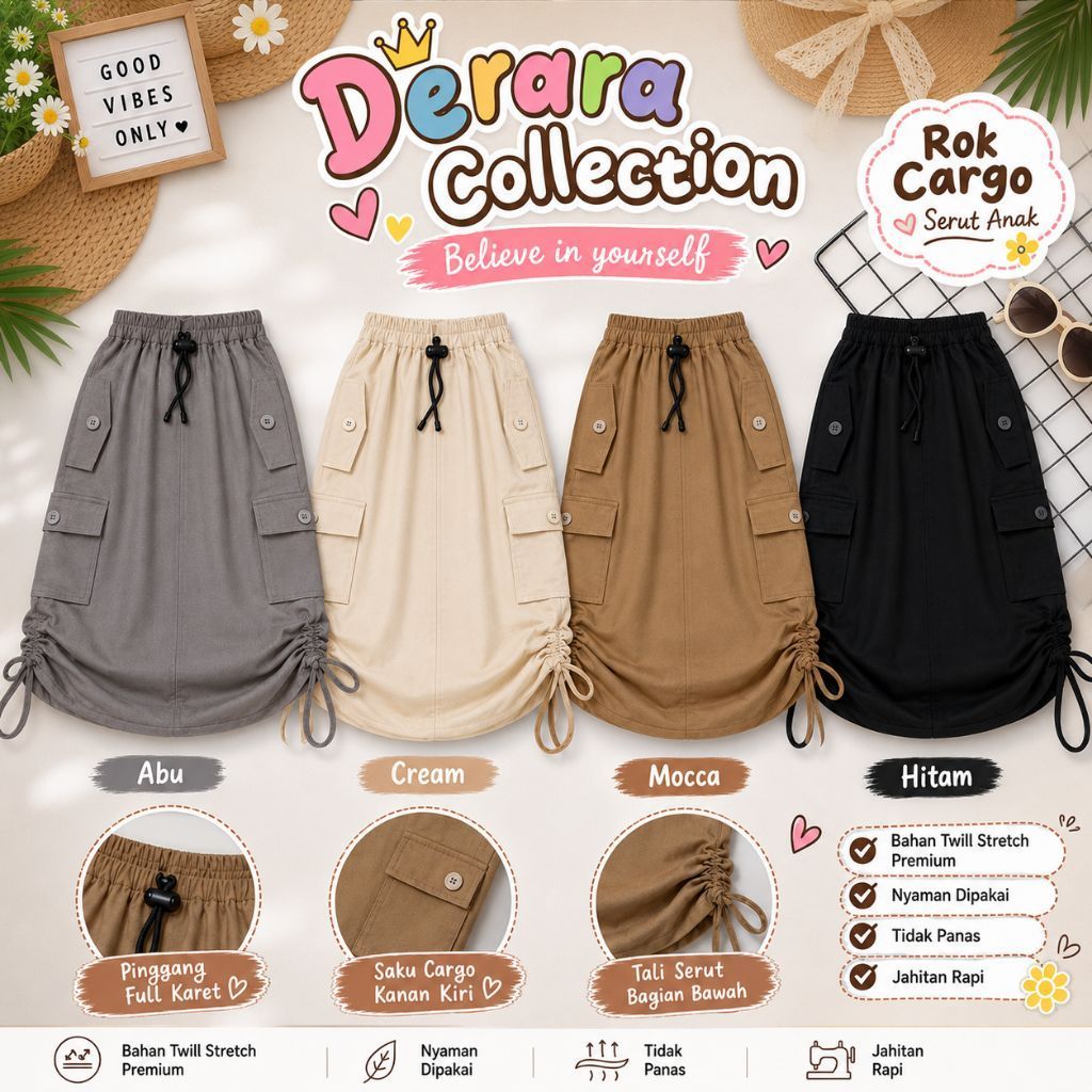 Rok Cargo Anak Korean Style / Rok Serut Cargo Anak Perempuan
