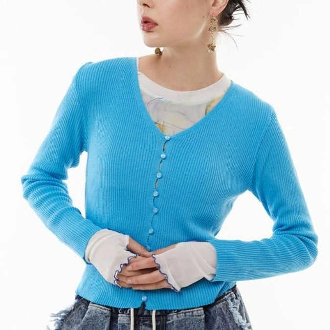 preloved Cardigan Rajut Wanita | Biru Langit | Lengan Panjang | V-Neck | Kancing Depan | Outer Baju 
