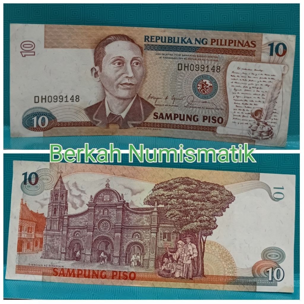 Uang Filipina 10peso langka AUNC hampir baru sesuai foto
