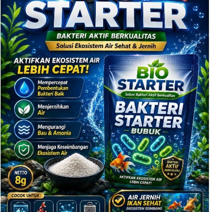 Bio Stater Bakteri Starter Bubuk 8gram Penjernih Air Aquarium Kolam Ikan Pengurai Amoniak